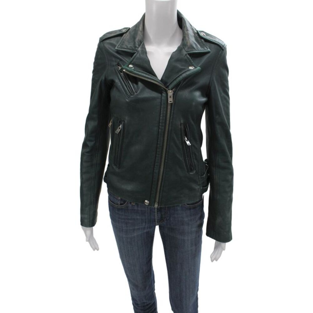IRO Womens Biker Lamb Leather Zip Jacket Green Size 38